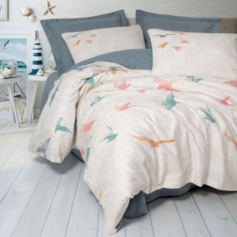 Set lenjerie pat 1 persoană Kaija Cotton Box din bumbac 100 % ranforce, imprimeu pescarusi pe fond ecru, verso bleu petrol