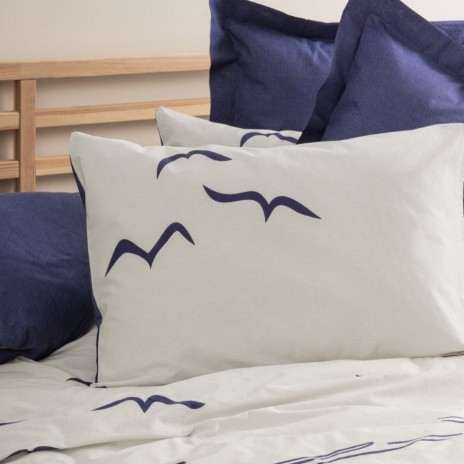 Set lenjerie pat 1 persoană Larum Cotton Box din bumbac 100 % ranforce, imprimeu pescăruși pe fond ecru