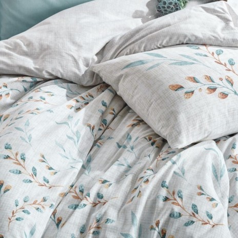 Set lenjerie pat 1 persoană Lendell Cotton Box din bumbac 100 % ranforce, imprimeu ramuri verde-salvie pe fond gri-lin