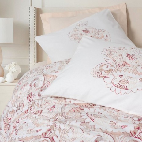 Set lenjerie pat 1 persoană Serava Cotton Box din bumbac 100 % ranforce, imprimeu damasc roz-piersică pe fond ecru