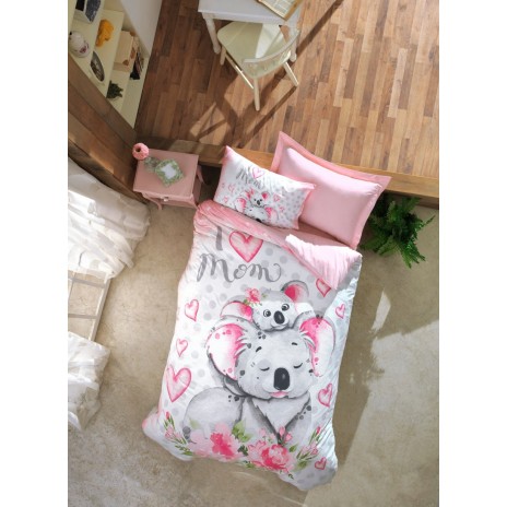 Lenjerie pat 1 persoana bumbac 100% ranforce, Cotton Box, Koala - Pink