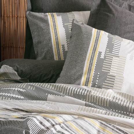 Set de lenjerie de pat din bumbac, moale și confortabil, cu design modern în tonuri de gri și galben.