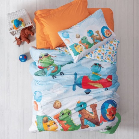 Lenjerie de pat pentru o persoană din bumbac 100% ranforce cu design dinozauri colorat