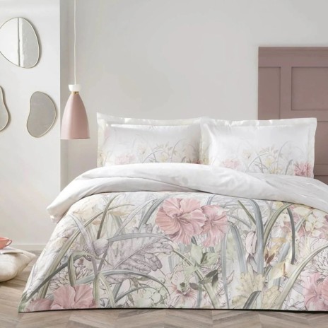 Lenjerie pat 1 persoana bumbac 100% satinat TAC Jesica model floral roz elegant