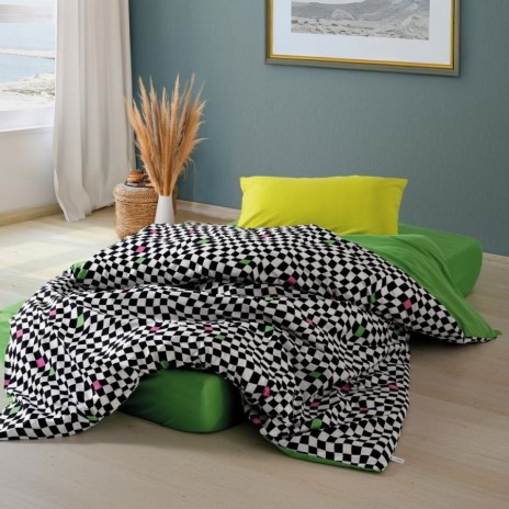 Lenjerie pat 1 persoană Dazzle Cozy Home, imprimeu pătrate alb-negru cu accente colorate,