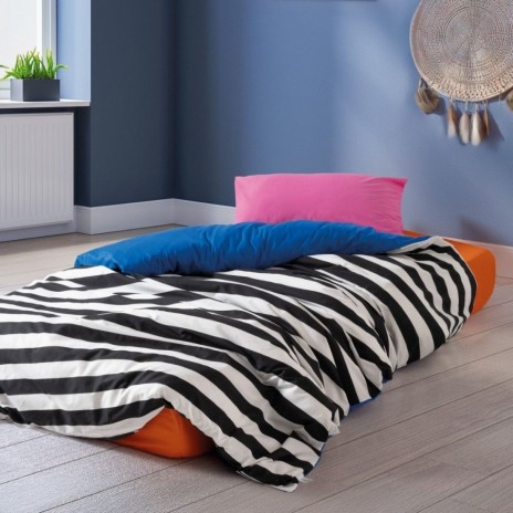Lenjerie reversibilă Dusk Cozy Home cu față albastră și verso în dungi, pentru pat 1 persoana