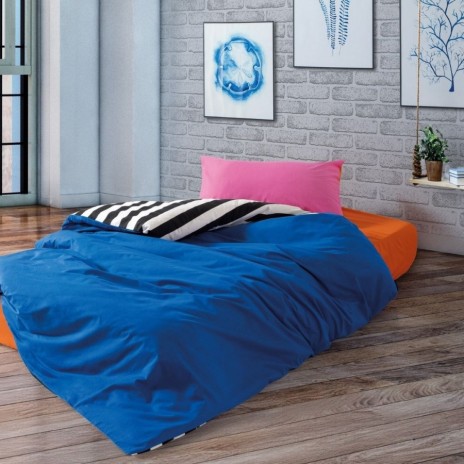 Lenjerie reversibilă Dusk Cozy Home cu față albastră și verso în dungi, pentru pat 1 persoana