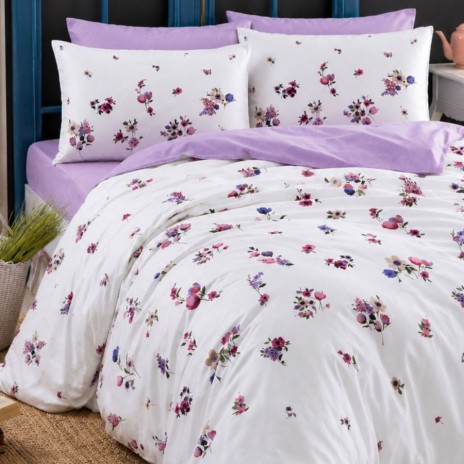 Lenjerie pat 1 persoana TAC Mako Satin Claude Lila cu flori de primavara multicolore si cearceaf lila pastel