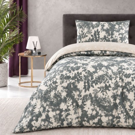 lenjerie pat 1 persoana Colin Verde bumbac ranforce cu elastic imprimeu floral si frunze verde inchis First Choice