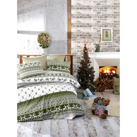 Lenjerie pat 1 persoana Craciun bumbac 100% ranforce, Nazenin Home, Winter Green