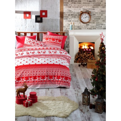 Lenjerie pat 1 persoana Craciun bumbac 100% ranforce, Nazenin Home, Winter Red