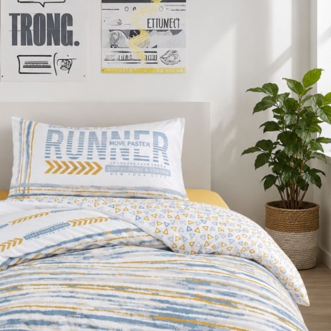 Lenjerie pat 1 persoana bumbac ranforce cu elastic Dashon Yellow cu imprimeu grafic RUNNER