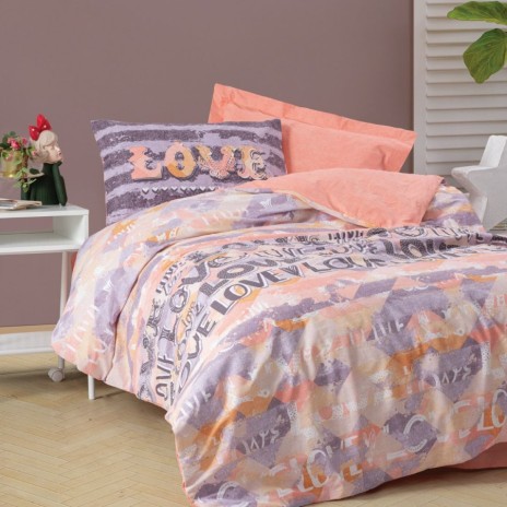 Lenjerie pat 1 persoana bumbac ranforce cu elastic Love Pudra Cotton Box