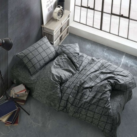 Lenjerie pat 1 persoana Cozy Home Kare Negru ranforce in patrate