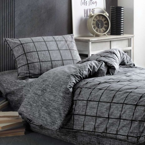 Lenjerie pat 1 persoana Cozy Home Kare Negru ranforce in patrate