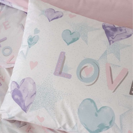 Lenjerie pat 1 persoana cu elastic Cotton Box Lovella bumbac ranforce cu inimioare si mesaj Love