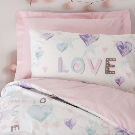 Lenjerie pat 1 persoana cu elastic Cotton Box Lovella bumbac ranforce cu inimioare si mesaj Love