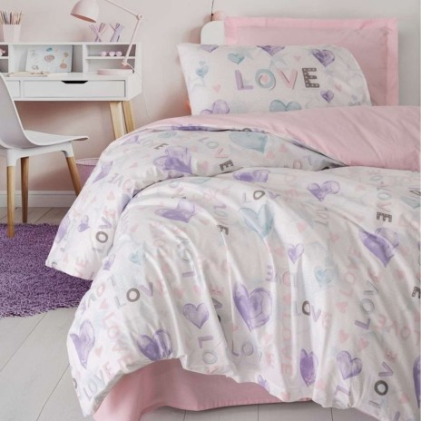 Lenjerie pat 1 persoana cu elastic Cotton Box Lovella bumbac ranforce cu inimioare si mesaj Love