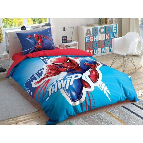 Lenjerie de pat Disney Spiderman Light City, cu Spiderman în acțiune, design fosforescent albastru și roșu, 3 piese, bumbac