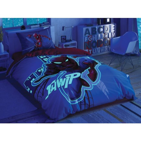 Lenjerie de pat Disney Spiderman Light City, cu Spiderman în acțiune, design fosforescent albastru și roșu, 3 piese, bumbac