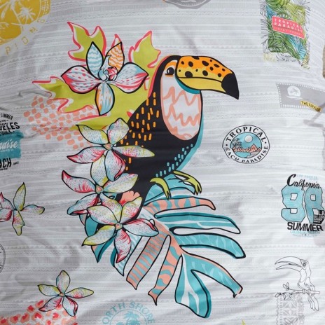 Lenjerie pat 1 persoana Paradise, bumbac ranforce, model cu tucan si flori tropicale pentru copii
