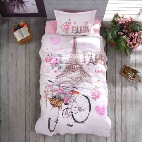 Lenjerie pat 1 persoana Paris Love, bumbac ranforce, model cu truntul Eiffel pentru adolescenti