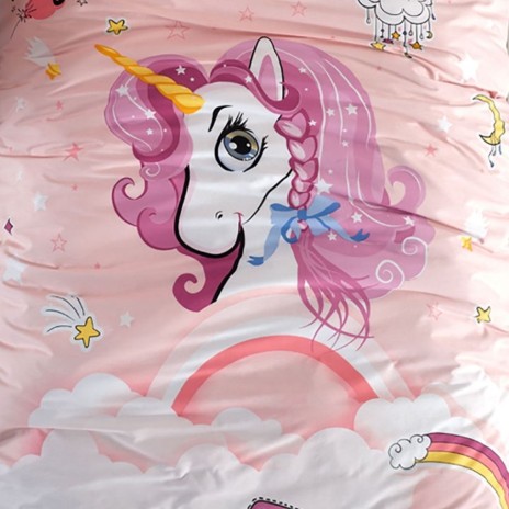 Lenjerie pat 1 persoana bumbac ranforce, model cu unicorn pentru fetite