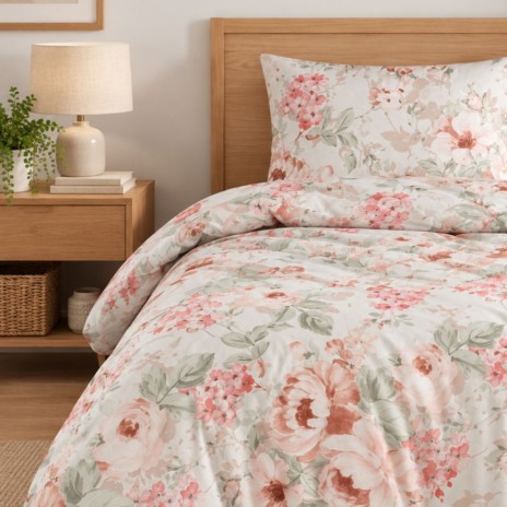lenjerie pat 1 persoana Davida Bej bumbac ranforce cu elastic si bujori somon First Choice
