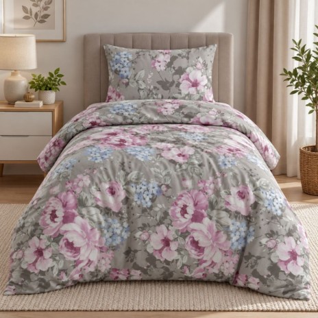 lenjerie pat 1 persoana Davida Gri bumbac ranforce cu elastic bujori roz si flori bleu First Choice