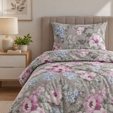 lenjerie pat 1 persoana Davida Gri bumbac ranforce cu elastic bujori roz si flori bleu First Choice