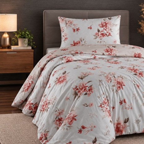 lenjerie pat 1 persoana Eliza Mink bumbac ranforce cu elastic flori bej rozaliu si somon First Choice