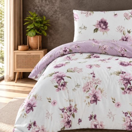 lenjerie pat 1 persoana Eliza Violet bumbac ranforce cu elastic flori lila mov si roz First Choice
