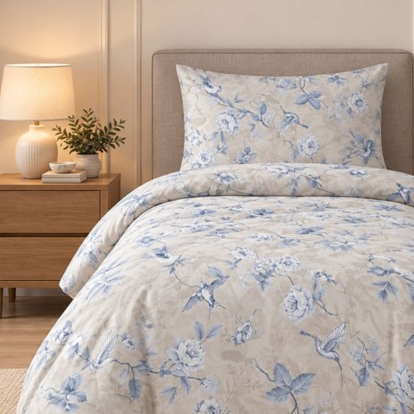 lenjerie pat 1 persoana Ibiza Bej bumbac ranforce cu elastic flori si pasari albastre First Choice