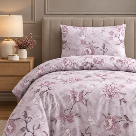 lenjerie pat 1 persoana Ibiza Lilac bumbac ranforce cu elastic flori si pasari lila First Choice