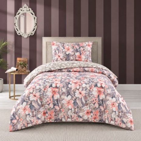 lenjerie pat 1 persoana Joly Ecru bumbac ranforce cu elastic flori roz somon crem si gri albastrui First Choice