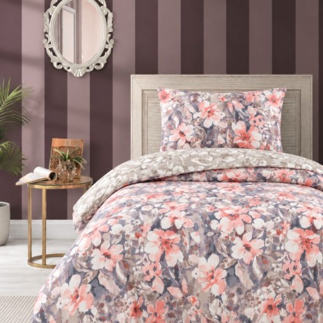 lenjerie pat 1 persoana Joly Ecru bumbac ranforce cu elastic flori roz somon crem si gri albastrui First Choice
