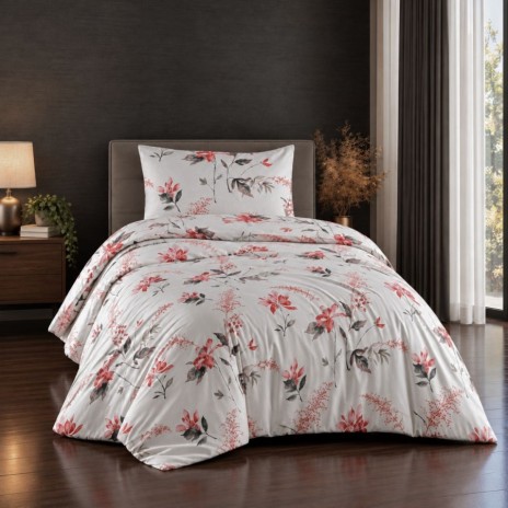 lenjerie pat 1 persoana Karen Berry bumbac ranforce cu elastic flori rosu zmeuriu si roz coral First Choice