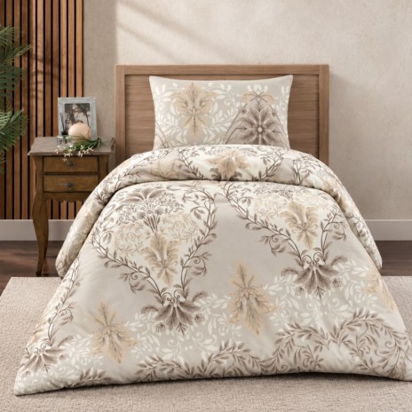 lenjerie pat 1 persoana Lara Ecru bumbac ranforce cu elastic model baroc floral bej crem si maro First Choice