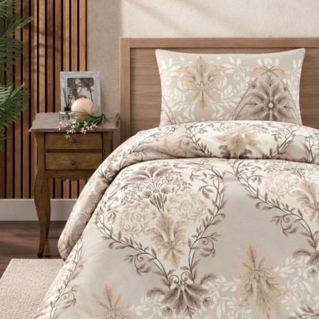 lenjerie pat 1 persoana Lara Ecru bumbac ranforce cu elastic model baroc floral bej crem si maro First Choice