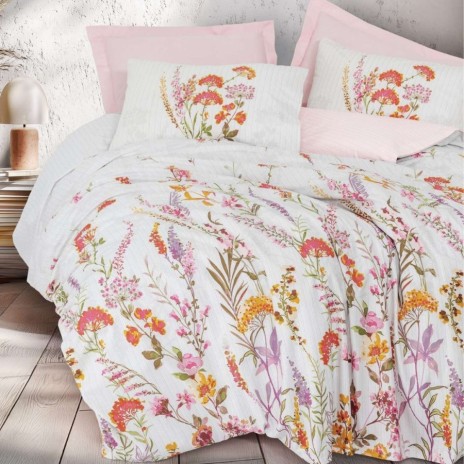 Lenjerie pat 1 persoana Cotton Box Lilura Pink bumbac ranforce cu model floral roz lila portocaliu