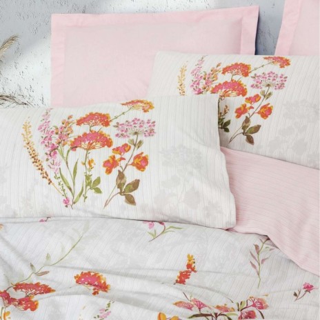 Lenjerie pat 1 persoana Cotton Box Lilura Pink bumbac ranforce cu model floral roz lila portocaliu