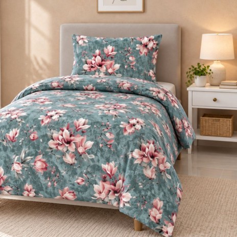 lenjerie pat 1 persoana Marea Blue bumbac ranforce cu elastic magnolii roz pe fundal albastru First Choice