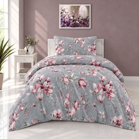 lenjerie pat 1 persoana Marea Powder bumbac ranforce cu elastic magnolii roz pe fundal gri First Choice