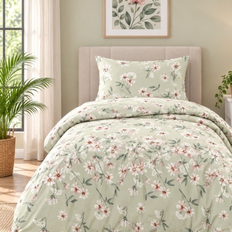 lenjerie pat 1 persoana Nevada Mint bumbac ranforce cu elastic floricele albe si roz pe fundal verde menta First Choice