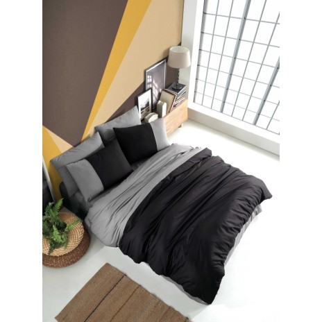 Lenjerie pat 1 persoana poplin percale, Hobby Home, Diamond Black, Anthracite