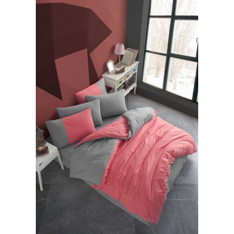 Lenjerie pat 1 persoana poplin percale, Hobby Home, Diamond Coral, Anthracite