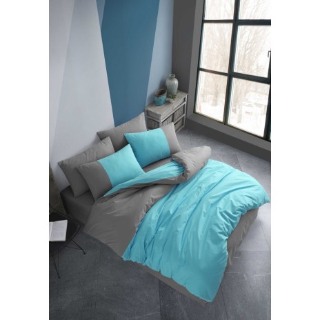 Lenjerie pat 1 persoana poplin percale, Hobby Home, Diamond Turquoise, Anthracite