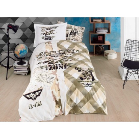 Lenjerie pat 1 persoana poplin percale, Hobby Home, Sky Force Green - cutie deteriorata