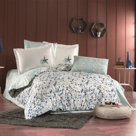 Lenjerie pat 1 persoana poplin percale Frame Bleumarin, Hobby Home, model acvatic