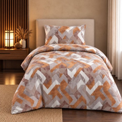lenjerie pat 1 persoana Rayce Brown bumbac ranforce cu elastic model geometric maro teracota bej si crem First Choice